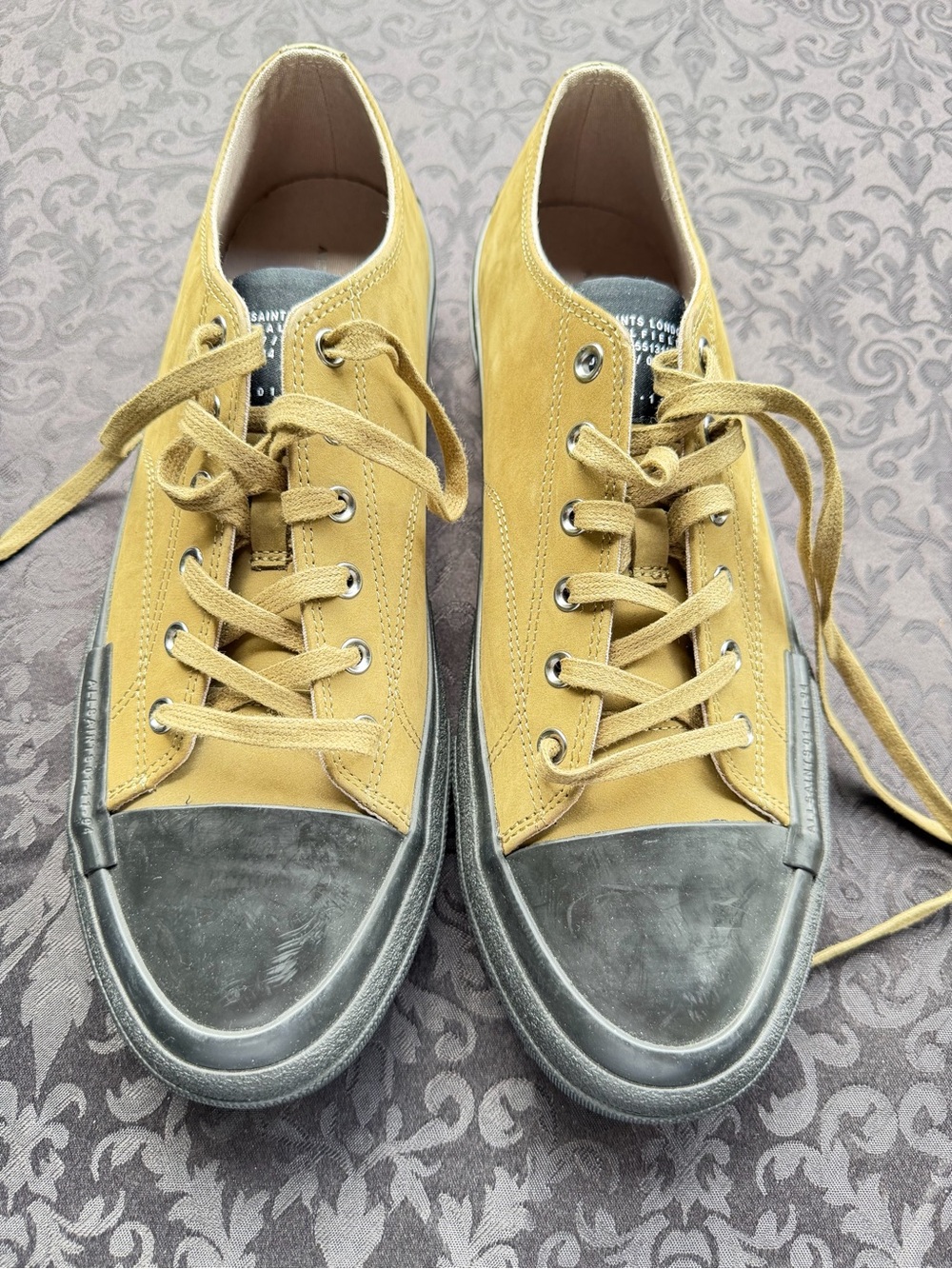 AllSaints London Mustard Suede Low Top Sneakers Black Sole EU 45 US 12 01-11-94